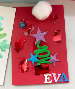 A picture of a children's decorated Christmas card
