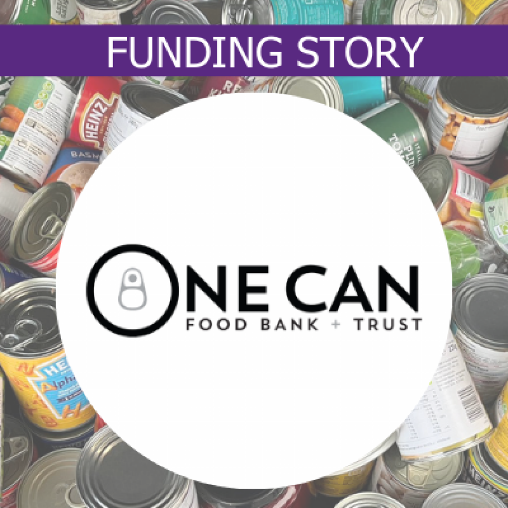 Image of a pile of cans of food, with the title Funding Story and the logo of One Can Trust